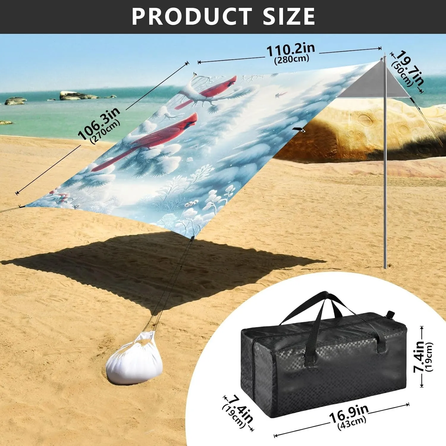 Tent Beach Canopy Outdoor Patio Shade Cute 9.2 × 10.5 FT Picnic Camping Sun Shelter Yard Winter Cardinals Snow Waterproof with Sandbags Anchor