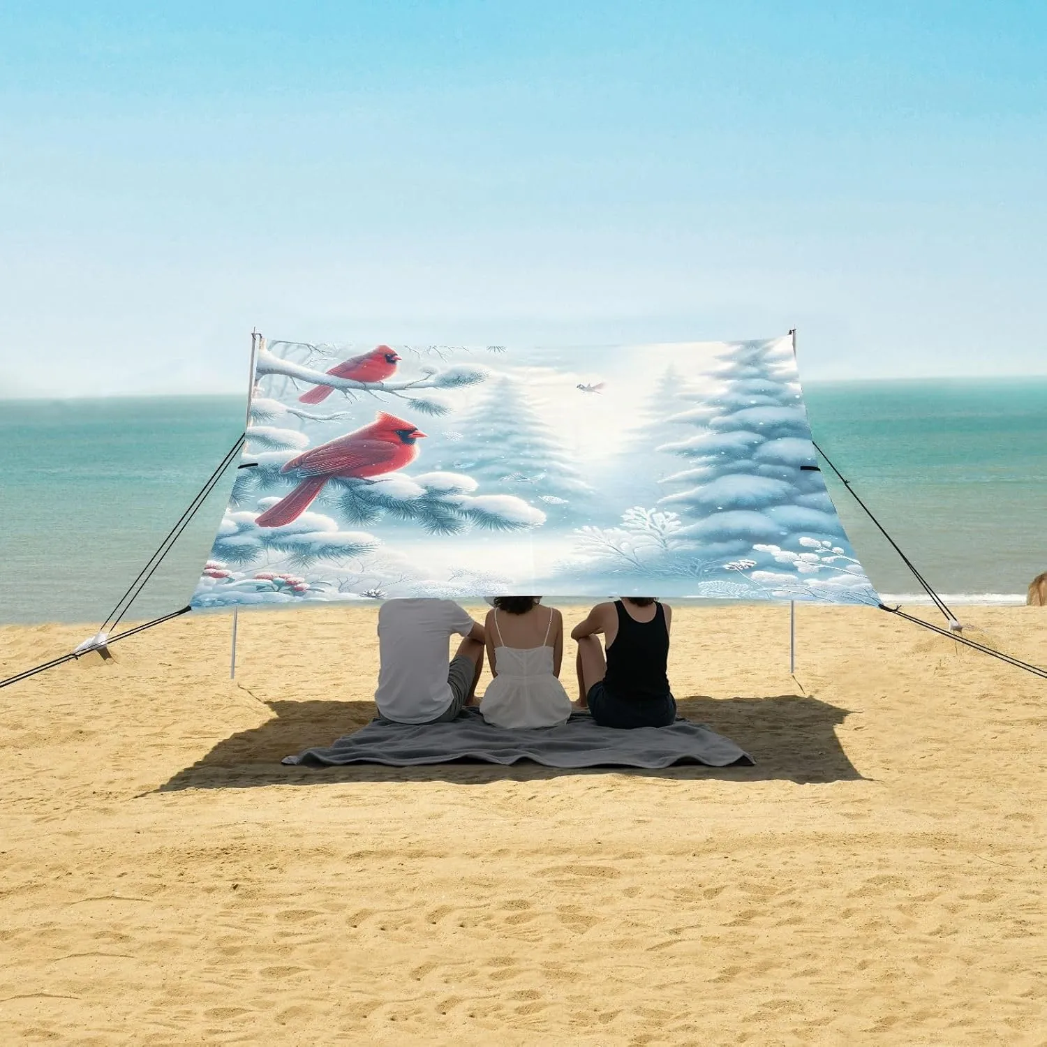Tent Beach Canopy Outdoor Patio Shade Cute 9.2 × 10.5 FT Picnic Camping Sun Shelter Yard Winter Cardinals Snow Waterproof with Sandbags Anchor