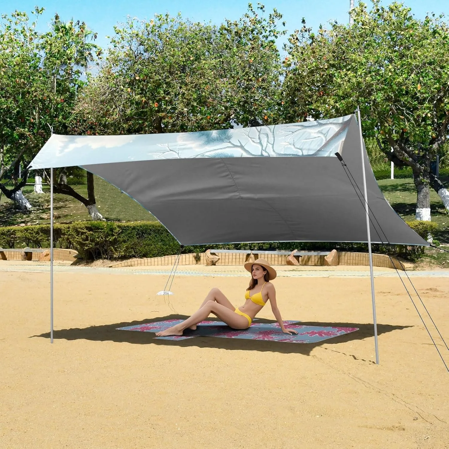 Tent Beach Canopy Outdoor Patio Shade Cute 9.2 × 10.5 FT Picnic Camping Sun Shelter Yard Winter Cardinals Snow Waterproof with Sandbags Anchor