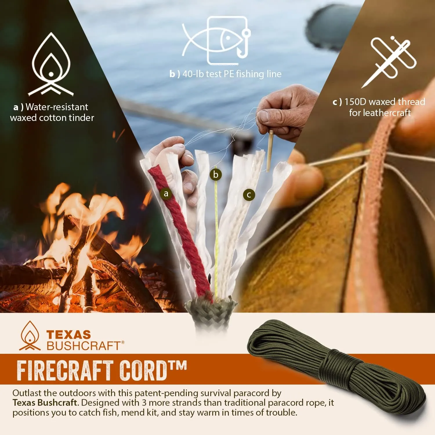 Texas Bushcraft Firecraft Cord - Utility Paracord Survival Rope, Parachute Cord for Survival Gear – 3 Extra Strands for Emergency Preparedness Fishing, Sewing and Tinder (Burnt Orange, 100 ft)