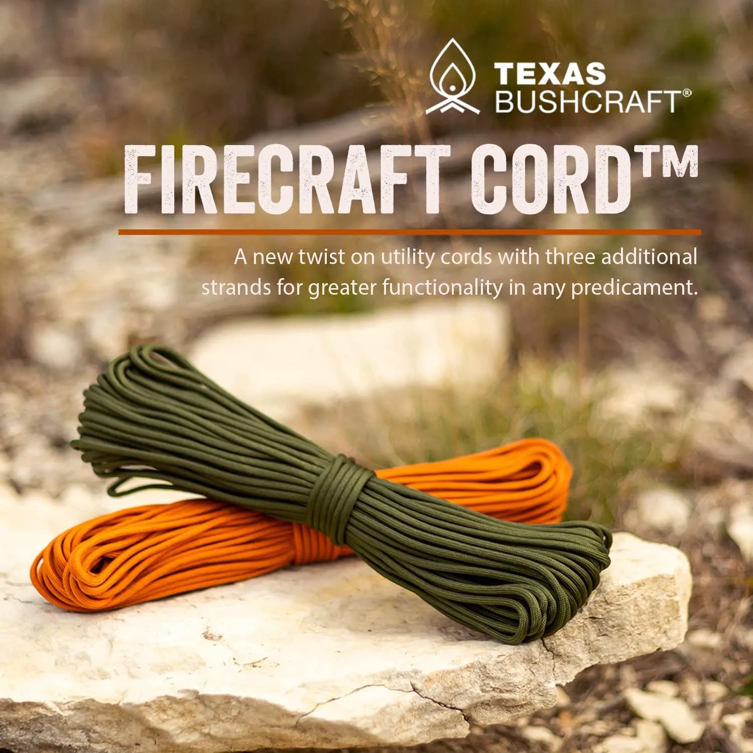 Texas Bushcraft Firecraft Cord - Utility Paracord Survival Rope, Parachute Cord for Survival Gear – 3 Extra Strands for Emergency Preparedness Fishing, Sewing and Tinder (Burnt Orange, 100 ft)
