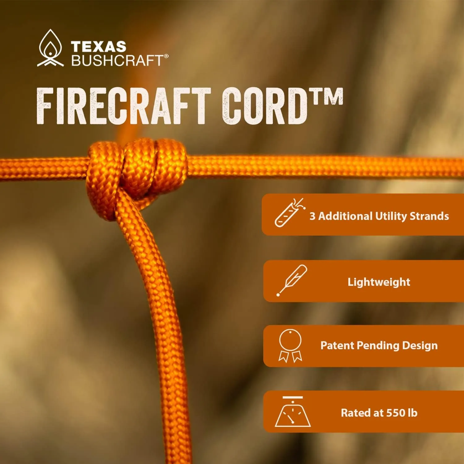 Texas Bushcraft Firecraft Cord - Utility Paracord Survival Rope, Parachute Cord for Survival Gear – 3 Extra Strands for Emergency Preparedness Fishing, Sewing and Tinder (Burnt Orange, 100 ft)