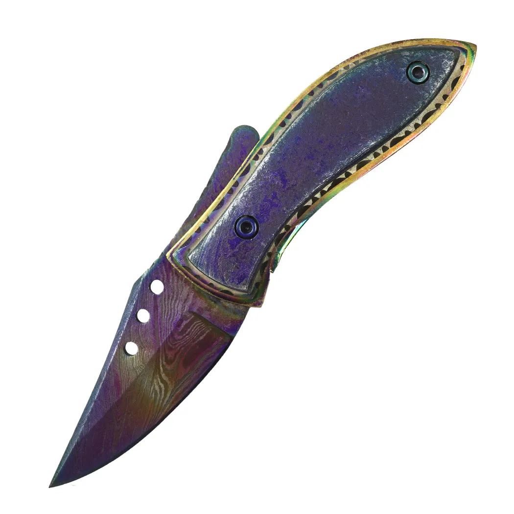 TheBoneEdge 7" Multi Color Damascus Blade Folding Knife Hand Made With Pouch