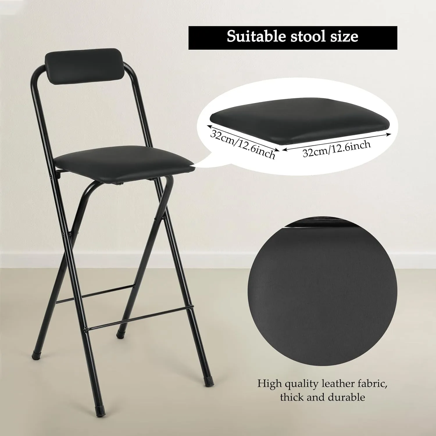 Thyle 2 Pcs Folding Bar Stool with Backrest, Tall Foldable Stool Chair Portable High Folding Bar Chair Counter Height Seat Leather Padded for Kitchen Island Shop Cafe Dining Room Black (27.5 Inch)