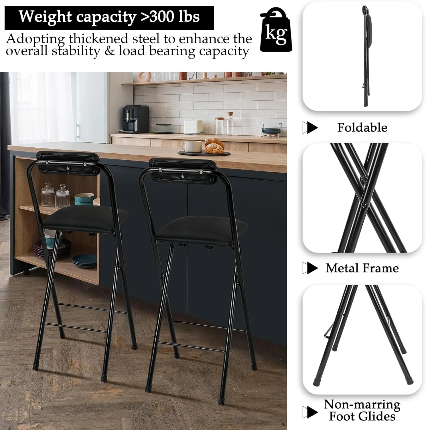 Thyle 2 Pcs Folding Bar Stool with Backrest, Tall Foldable Stool Chair Portable High Folding Bar Chair Counter Height Seat Leather Padded for Kitchen Island Shop Cafe Dining Room Black (27.5 Inch)