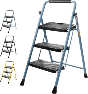 TICONN 3 Step Ladder, Heavy Duty Foldable Step Stool, Portable Steel Folding Stool for Household Garage Storage (Blue)