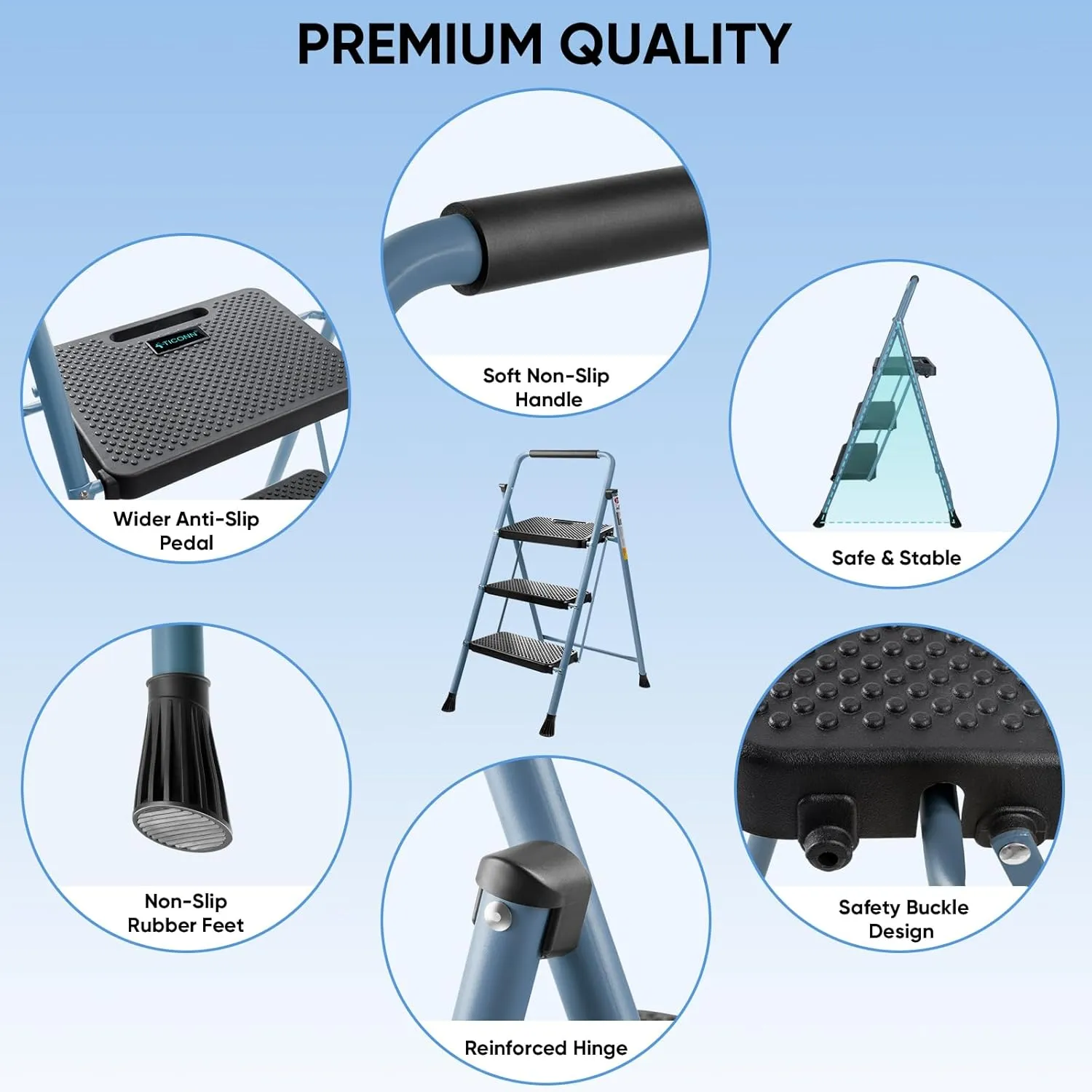 TICONN 3 Step Ladder, Heavy Duty Foldable Step Stool, Portable Steel Folding Stool for Household Garage Storage (Blue)
