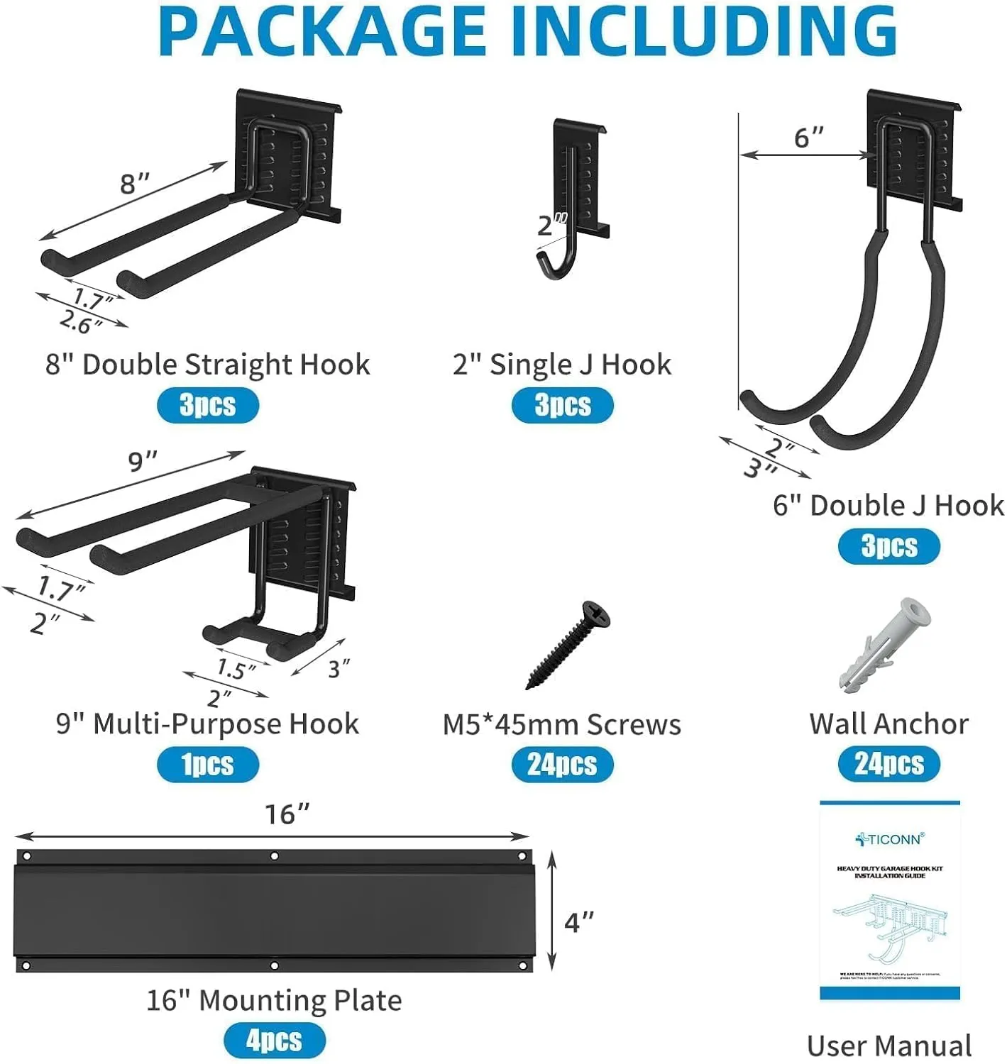 TICONN Garage Organization Tool Storage Utility Rack, Heavy Duty Wall Mounted Hanger Organizer System for Shed Garden Yard Tools, Ski Gears, Broom, Rake, Shovel (64" w/ 10 Assorted Hooks)
