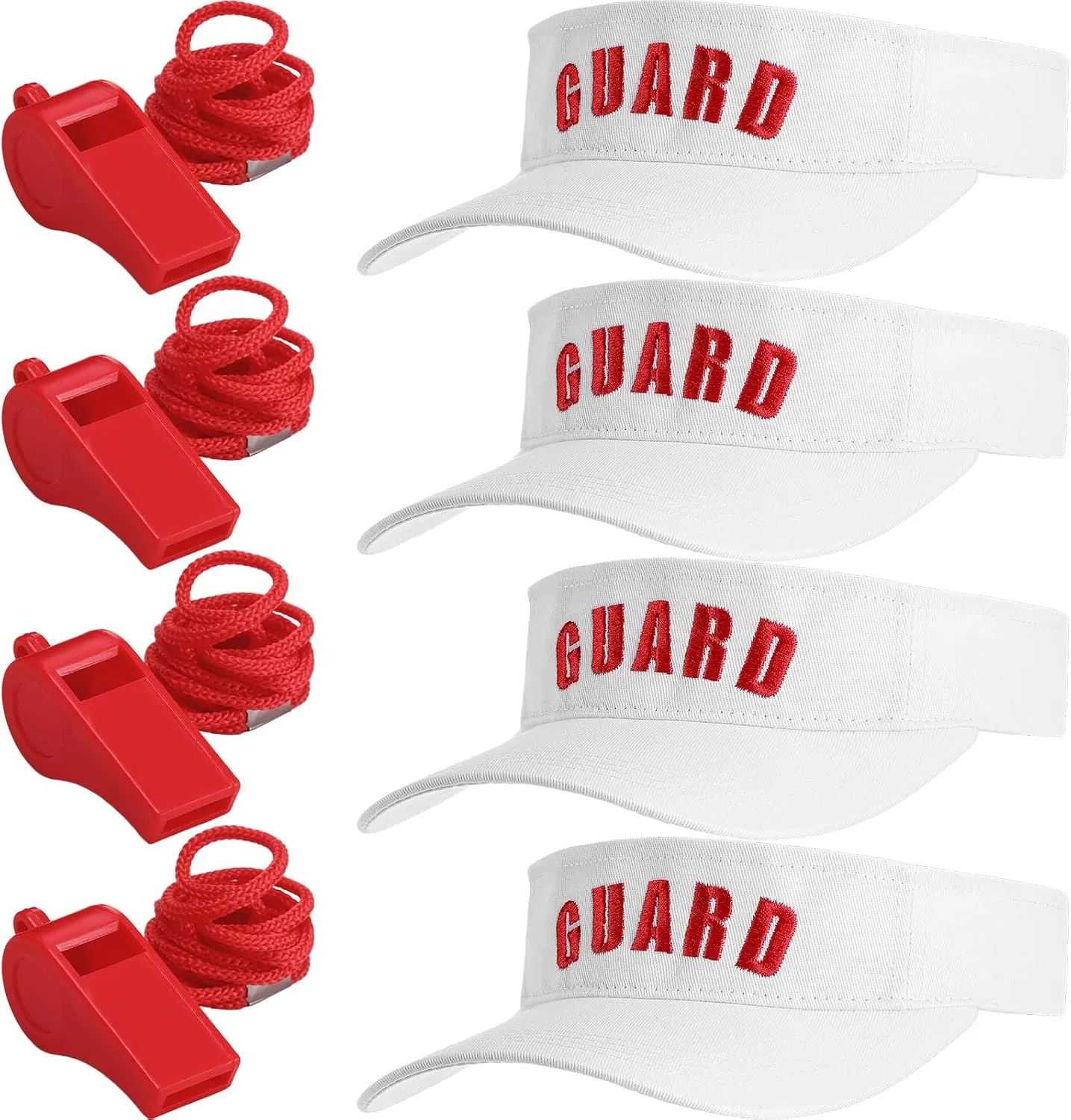 Tigeen 4Pcs Professional Guard Hat 4Pcs Emergency Whistles with Lanyard Guard Visor Loud Safety Plastic Whistle for Men Women
