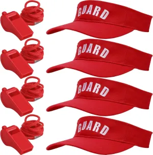 Tigeen 4Pcs Professional Guard Hat 4Pcs Emergency Whistles with Lanyard Guard Visor Loud Safety Plastic Whistle for Men Women