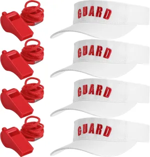 Tigeen 4Pcs Professional Guard Hat 4Pcs Emergency Whistles with Lanyard Guard Visor Loud Safety Plastic Whistle for Men Women