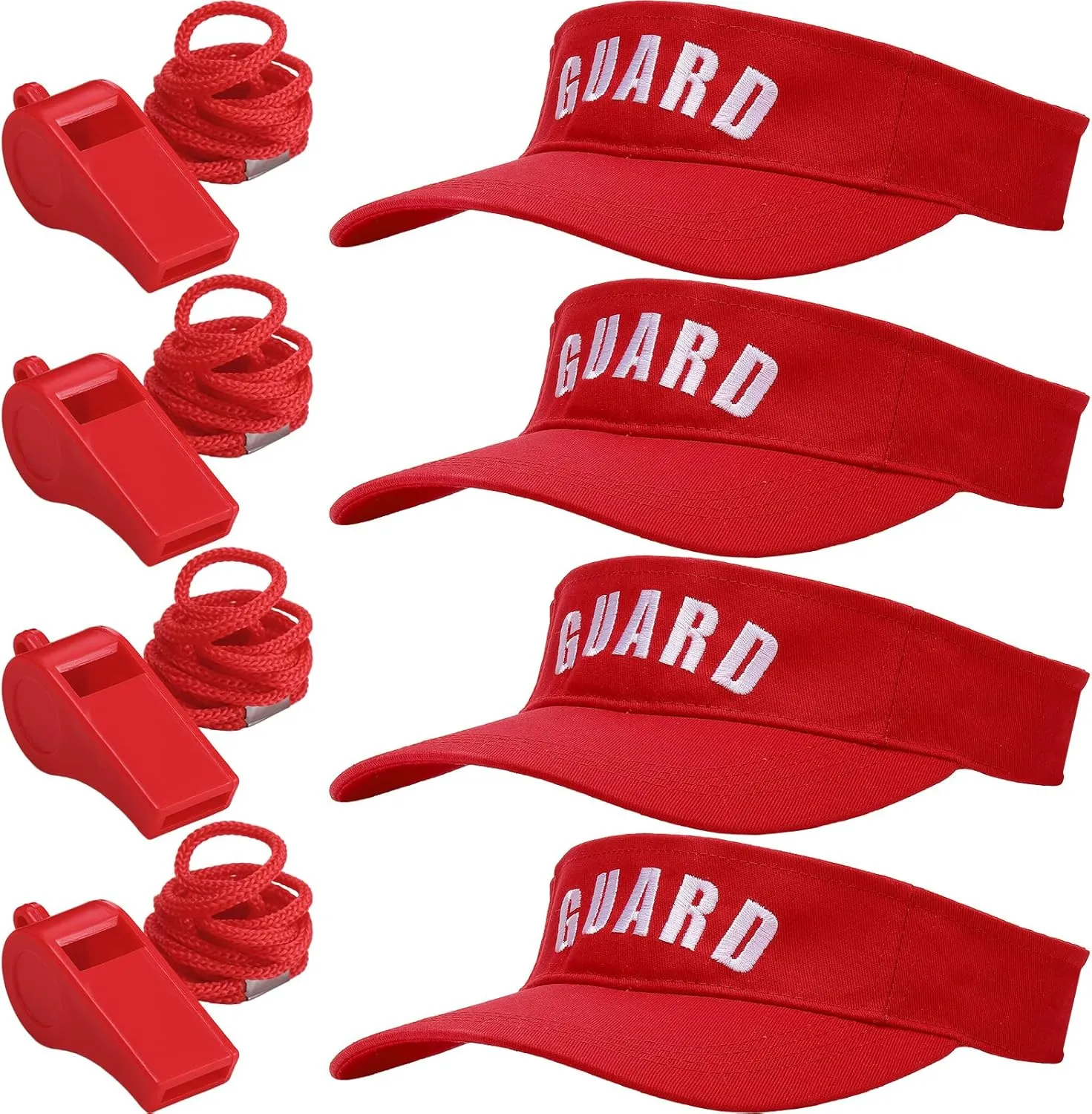 Tigeen 4Pcs Professional Guard Hat 4Pcs Emergency Whistles with Lanyard Guard Visor Loud Safety Plastic Whistle for Men Women