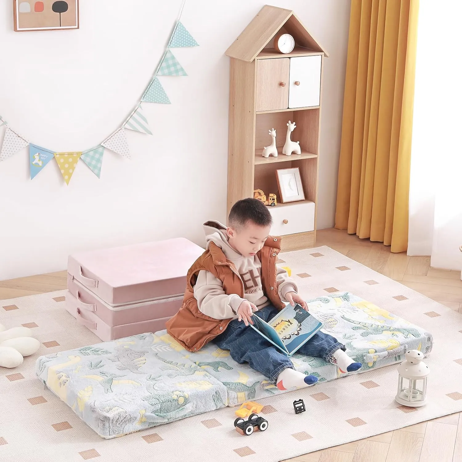 Tiita Trifold Floor Mattress for Kids, Glow in The Dark Baby Kids Futon with Removable Cover, Portable Foam Toddler Nap Mat with Storage Bag for Girls and Boys, Pink Moon