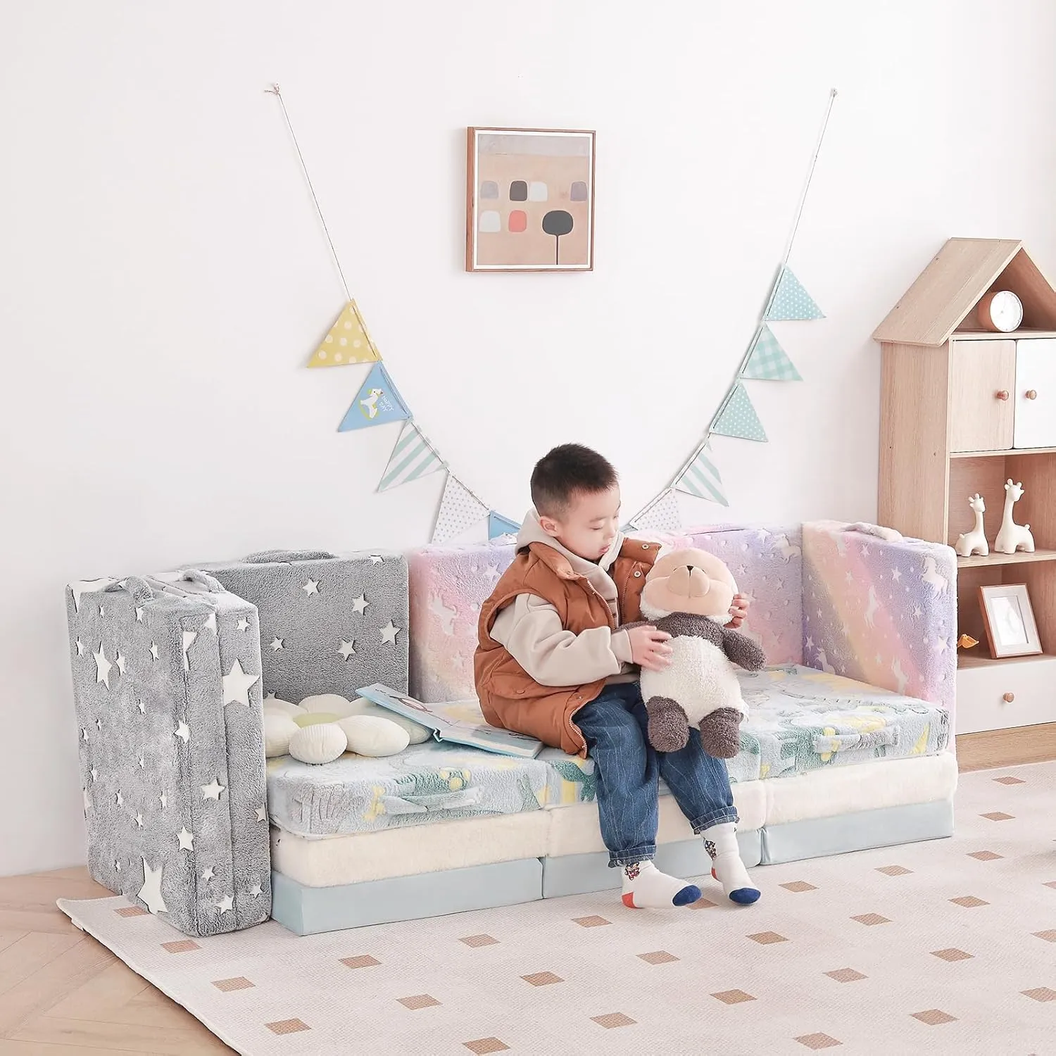 Tiita Trifold Floor Mattress for Kids, Glow in The Dark Baby Kids Futon with Removable Cover, Portable Foam Toddler Nap Mat with Storage Bag for Girls and Boys, Pink Moon