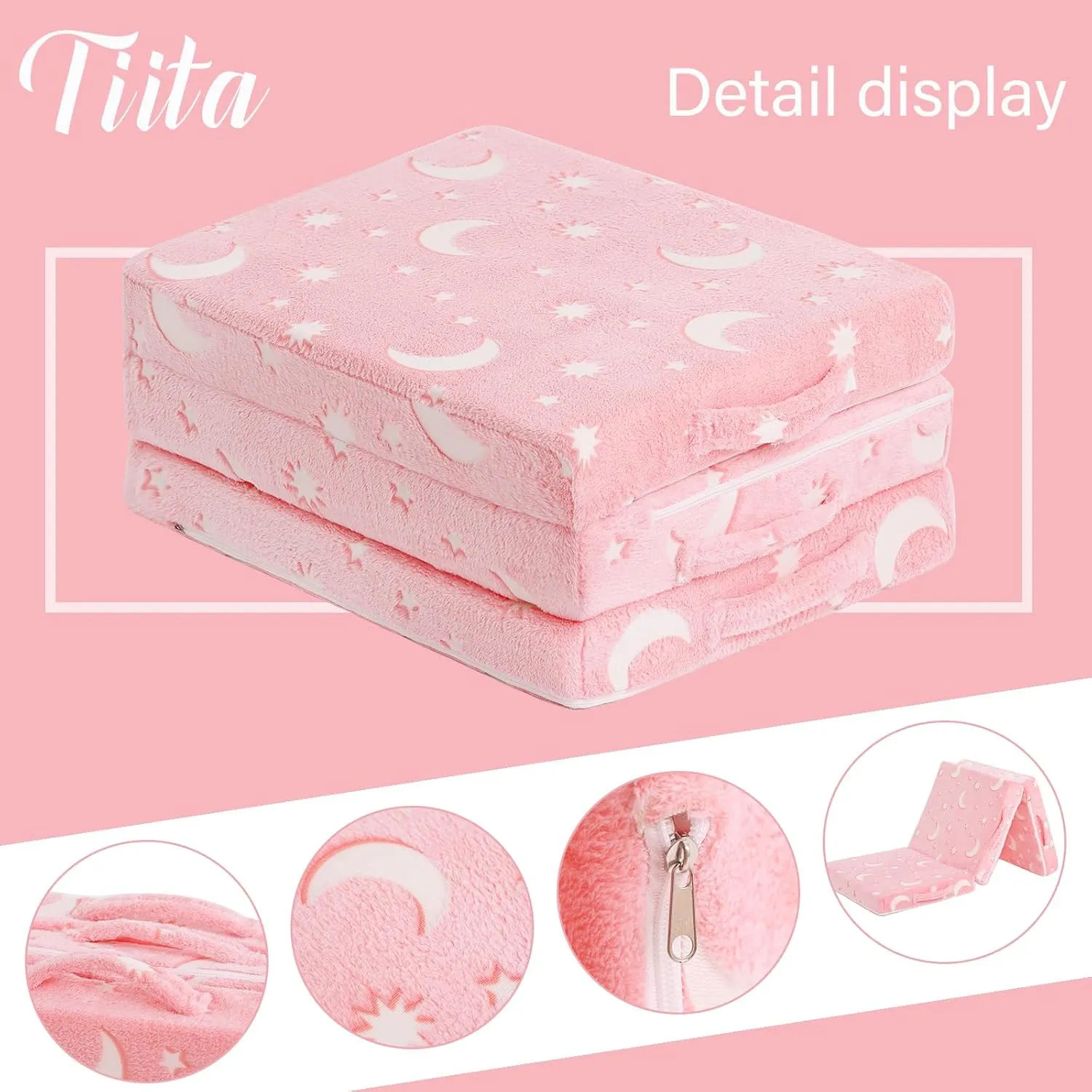 Tiita Trifold Floor Mattress for Kids, Glow in The Dark Baby Kids Futon with Removable Cover, Portable Foam Toddler Nap Mat with Storage Bag for Girls and Boys, Pink Moon