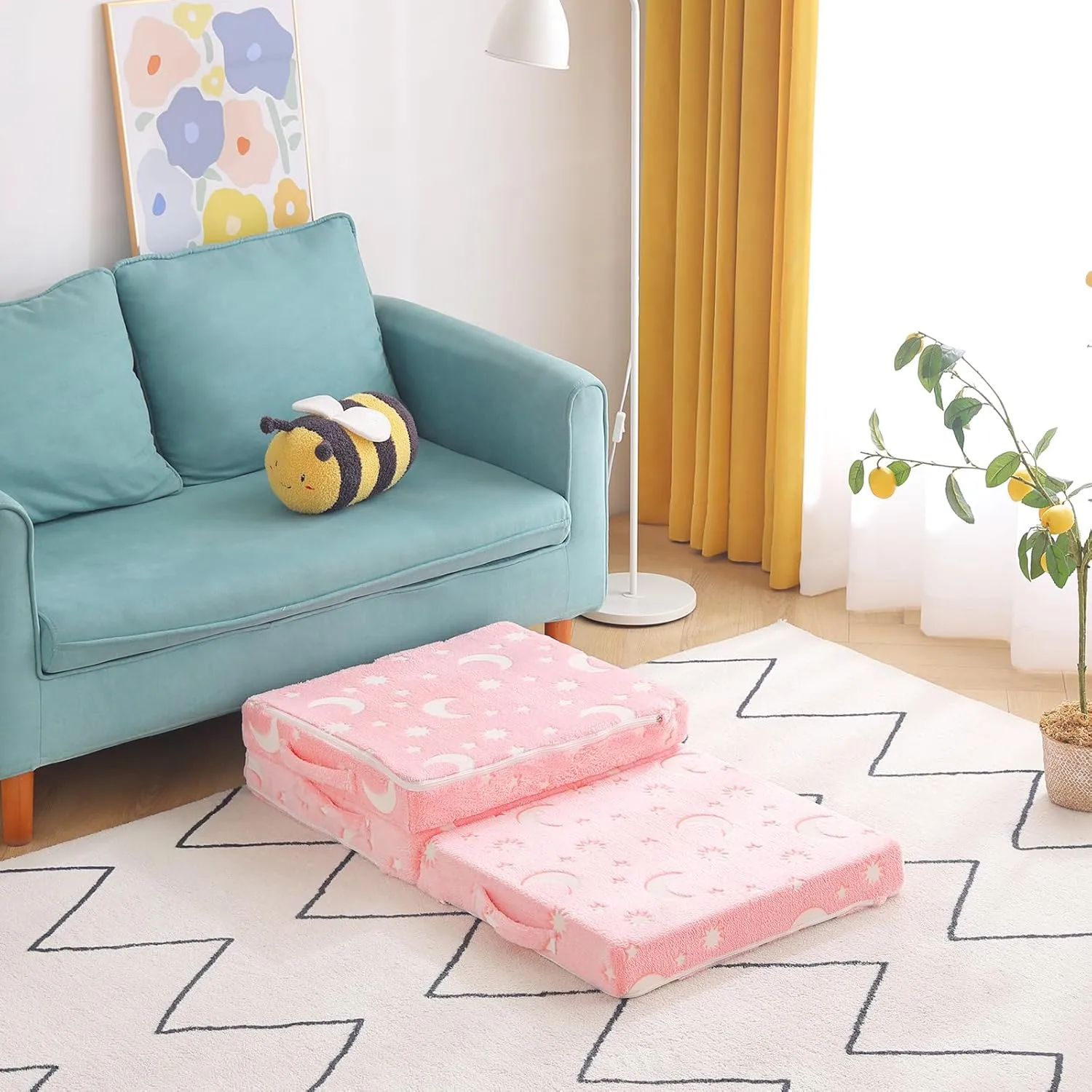 Tiita Trifold Floor Mattress for Kids, Glow in The Dark Baby Kids Futon with Removable Cover, Portable Foam Toddler Nap Mat with Storage Bag for Girls and Boys, Pink Moon