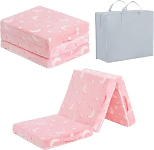 Tiita Trifold Floor Mattress for Kids, Glow in The Dark Baby Kids Futon with Removable Cover, Portable Foam Toddler Nap Mat with Storage Bag for Girls and Boys, Pink Moon