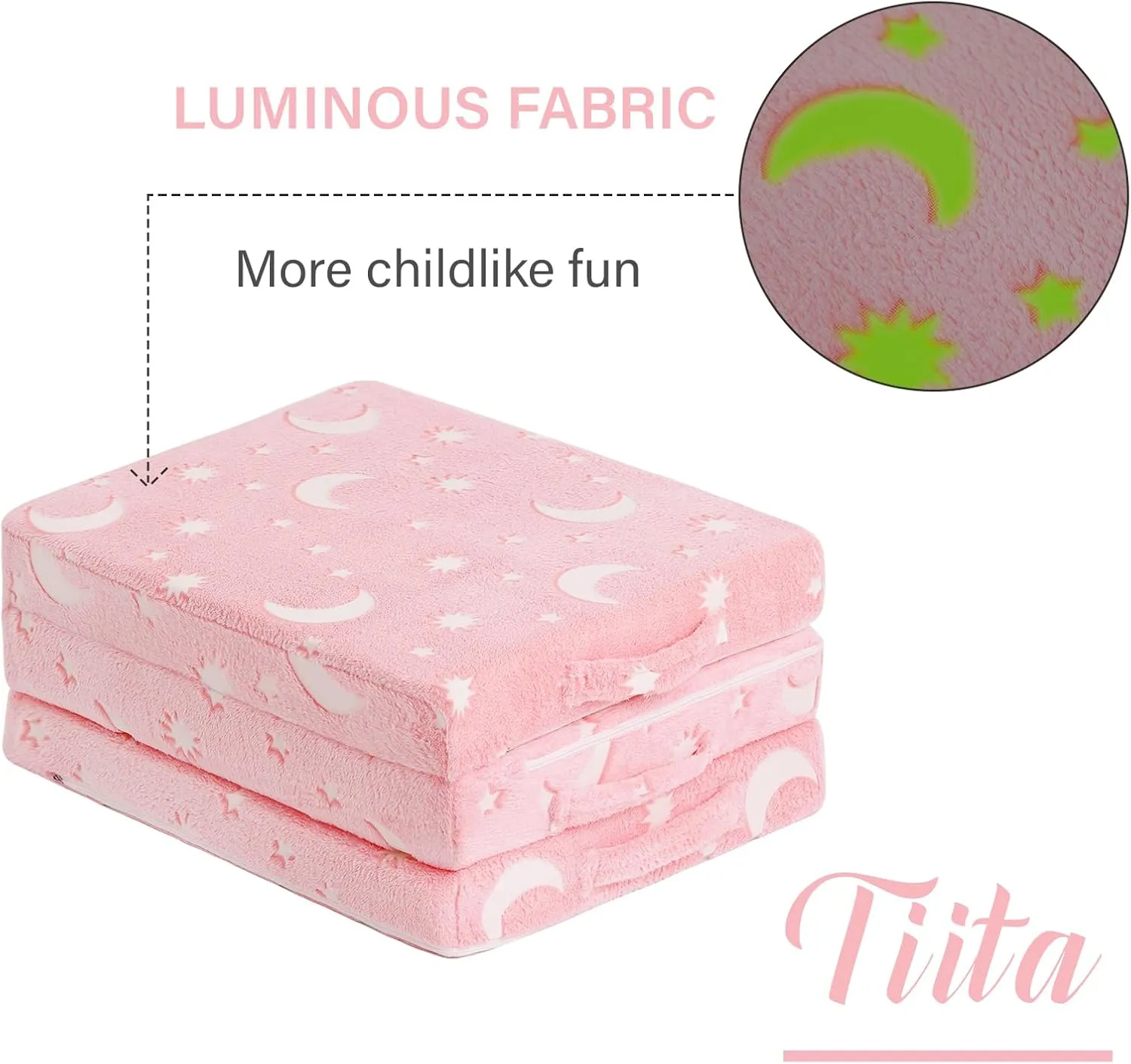 Tiita Trifold Floor Mattress for Kids, Glow in The Dark Baby Kids Futon with Removable Cover, Portable Foam Toddler Nap Mat with Storage Bag for Girls and Boys, Pink Moon