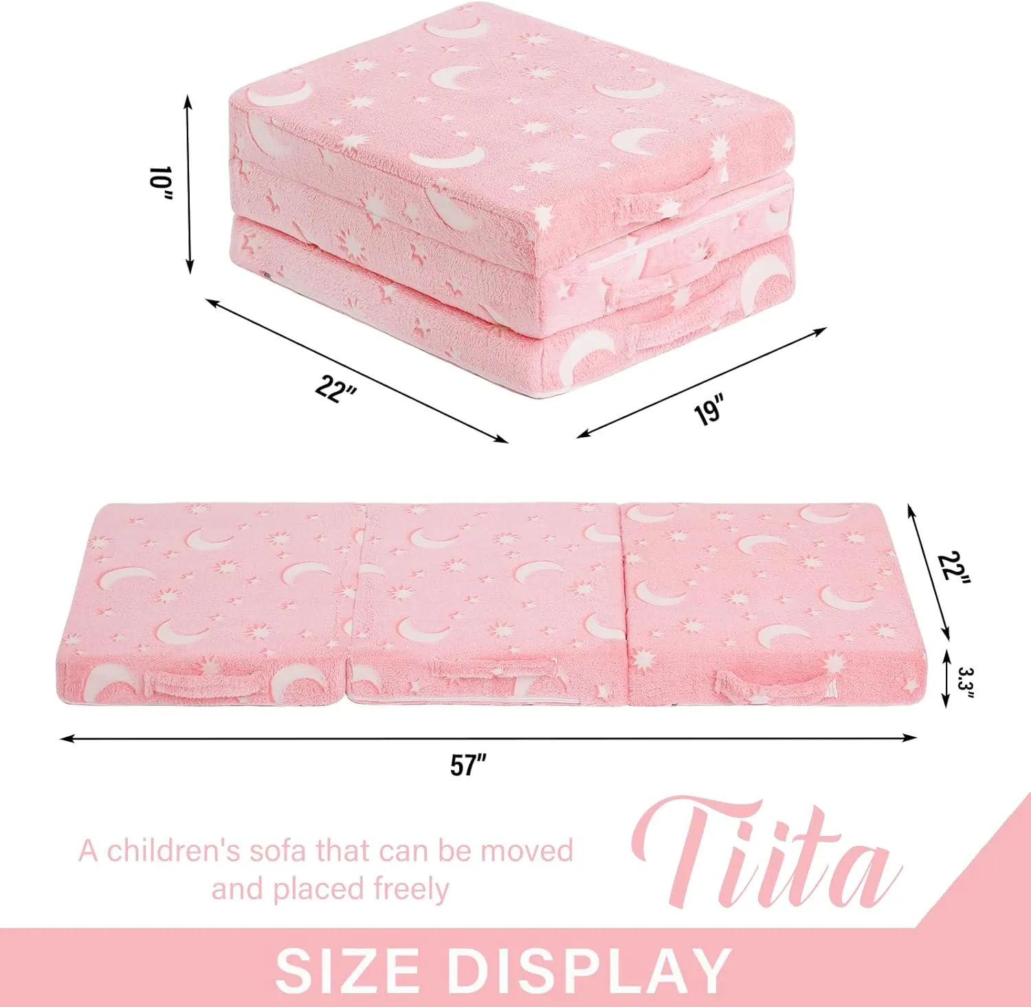 Tiita Trifold Floor Mattress for Kids, Glow in The Dark Baby Kids Futon with Removable Cover, Portable Foam Toddler Nap Mat with Storage Bag for Girls and Boys, Pink Moon