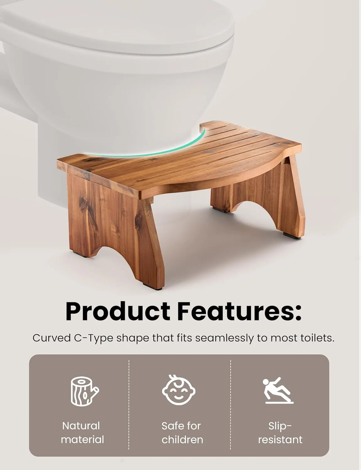 Tinamo Foldable Toilet Stool for Bathroom Adults - 7.2" Acacia Wood Poop Stool for Kids - Pooping Stool Squat with Anti Slip Layer - Bathroom Stools for Sitting/Travel (Acacia, 7.2" Height)