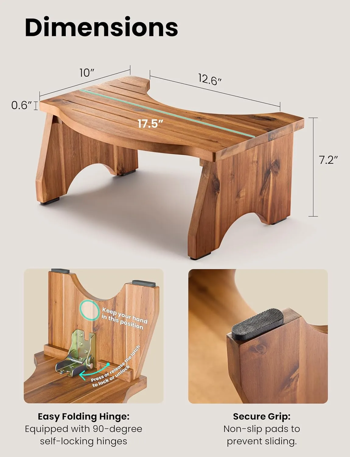 Tinamo Foldable Toilet Stool for Bathroom Adults - 7.2" Acacia Wood Poop Stool for Kids - Pooping Stool Squat with Anti Slip Layer - Bathroom Stools for Sitting/Travel (Acacia, 7.2" Height)