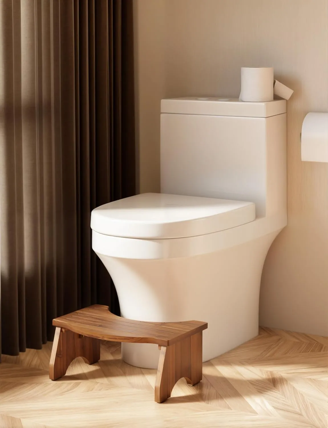 Tinamo Foldable Toilet Stool for Bathroom Adults - 7.2" Acacia Wood Poop Stool for Kids - Pooping Stool Squat with Anti Slip Layer - Bathroom Stools for Sitting/Travel (Acacia, 7.2" Height)