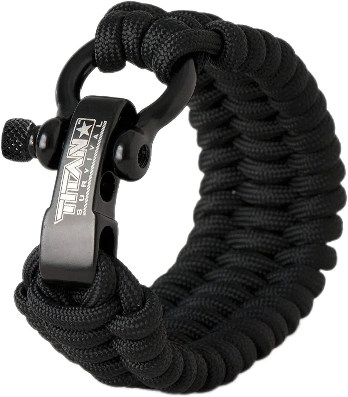 Titan Paracord Survival Bracelet | BLACK | LARGE (Fits 8" - 9" Wrist) | Made with Authentic Patented SurvivorCord (550 paracord, fishing line, snare wire, and waxed jute for fires)