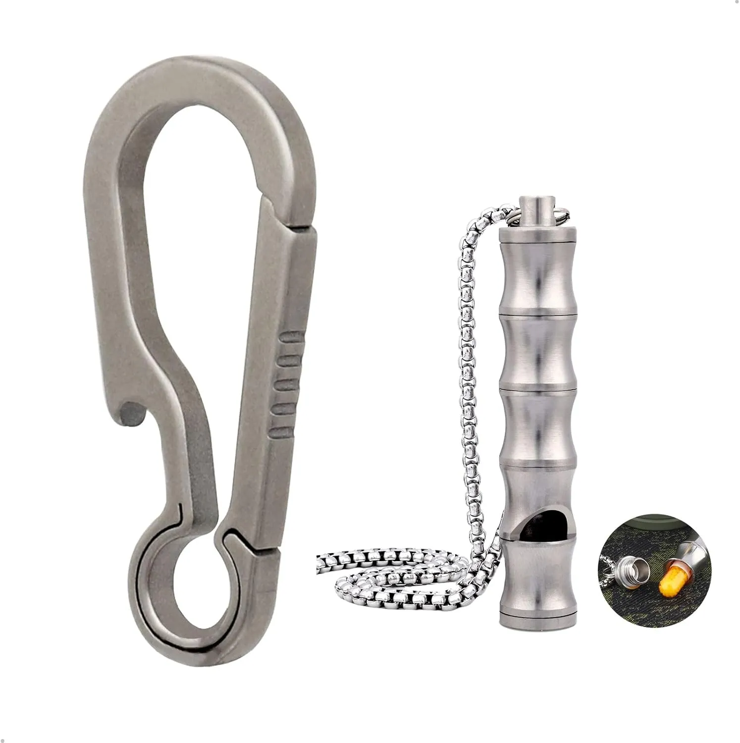 Titanium Key Clip with Pure Titanium Whistle with Pill Case Function