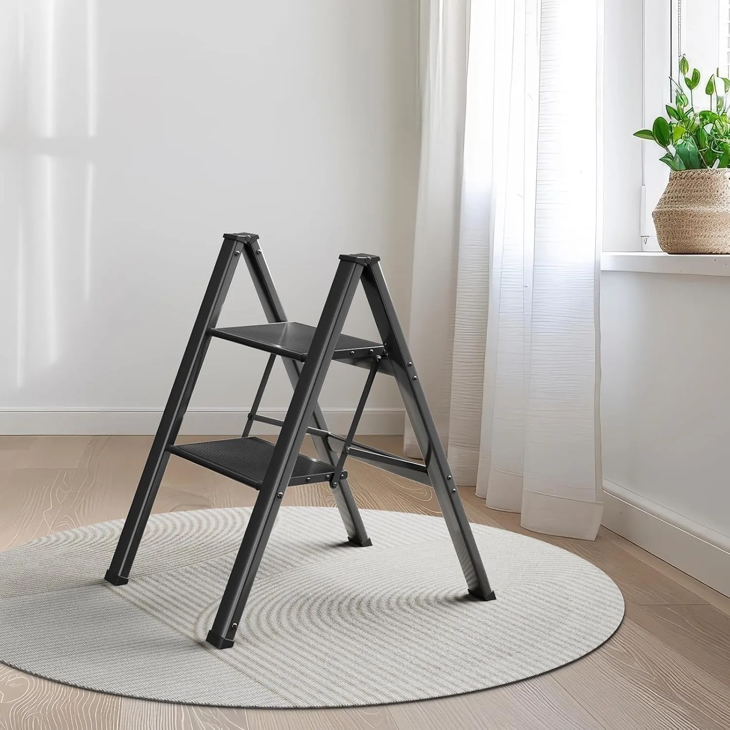 TLGREEN 2 Step Ladder,Aluminum Step Ladder, Portable Step Stool with Anti-Slip Wide Pedal, 330LBS Capacity, Lightweight Stepladder for Kitchen, Office, Home, Garage (Black) (Black, 2 Step)