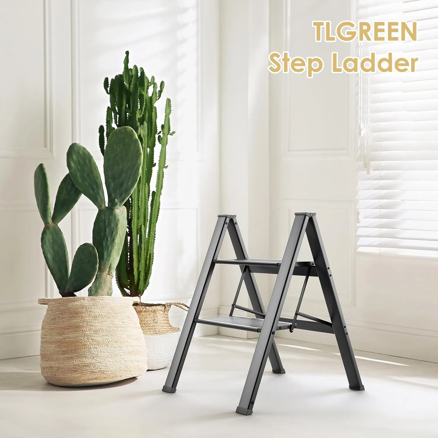 TLGREEN 2 Step Ladder,Aluminum Step Ladder, Portable Step Stool with Anti-Slip Wide Pedal, 330LBS Capacity, Lightweight Stepladder for Kitchen, Office, Home, Garage (Black) (Black, 2 Step)