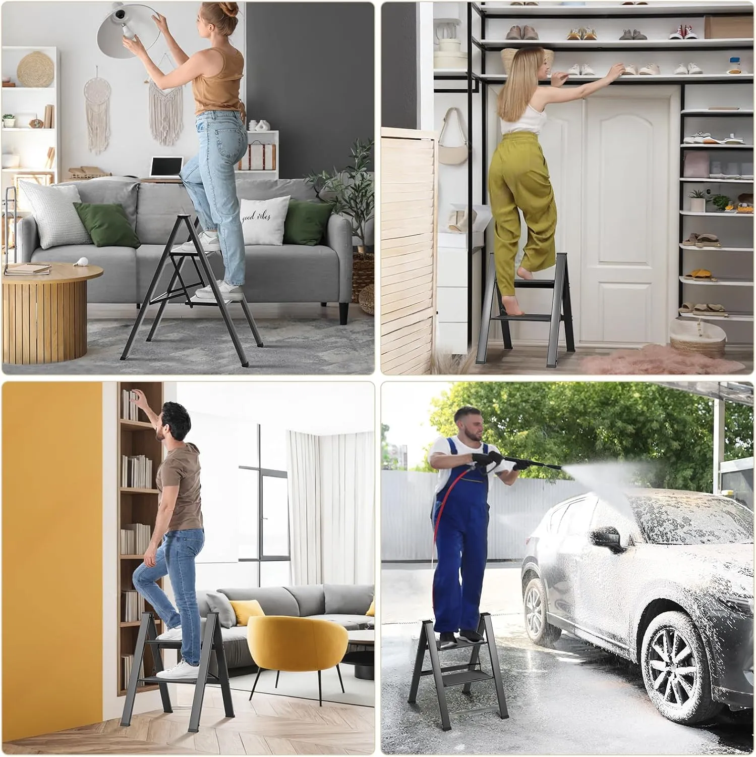 TLGREEN 2 Step Ladder,Aluminum Step Ladder, Portable Step Stool with Anti-Slip Wide Pedal, 330LBS Capacity, Lightweight Stepladder for Kitchen, Office, Home, Garage (Black) (Black, 2 Step)