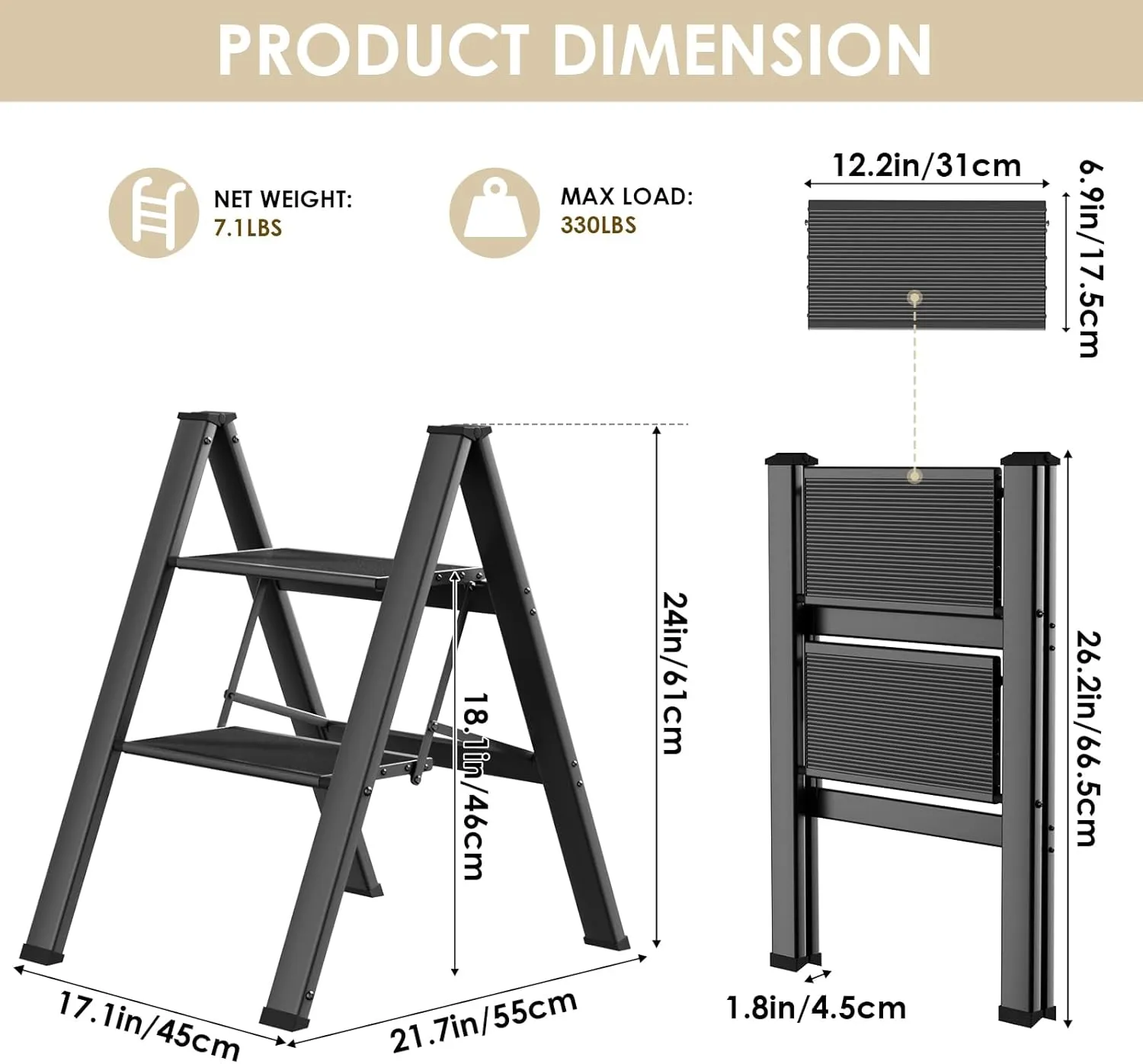 TLGREEN 2 Step Ladder,Aluminum Step Ladder, Portable Step Stool with Anti-Slip Wide Pedal, 330LBS Capacity, Lightweight Stepladder for Kitchen, Office, Home, Garage (Black) (Black, 2 Step)