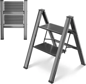 TLGREEN 2 Step Ladder,Aluminum Step Ladder, Portable Step Stool with Anti-Slip Wide Pedal, 330LBS Capacity, Lightweight Stepladder for Kitchen, Office, Home, Garage (Black) (Black, 2 Step)