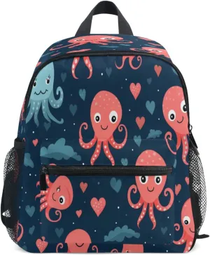 Toddler Backpack Bookbag School Bag Red Blue Octopus Travel Bag for Girls Boys Kid with Name Card