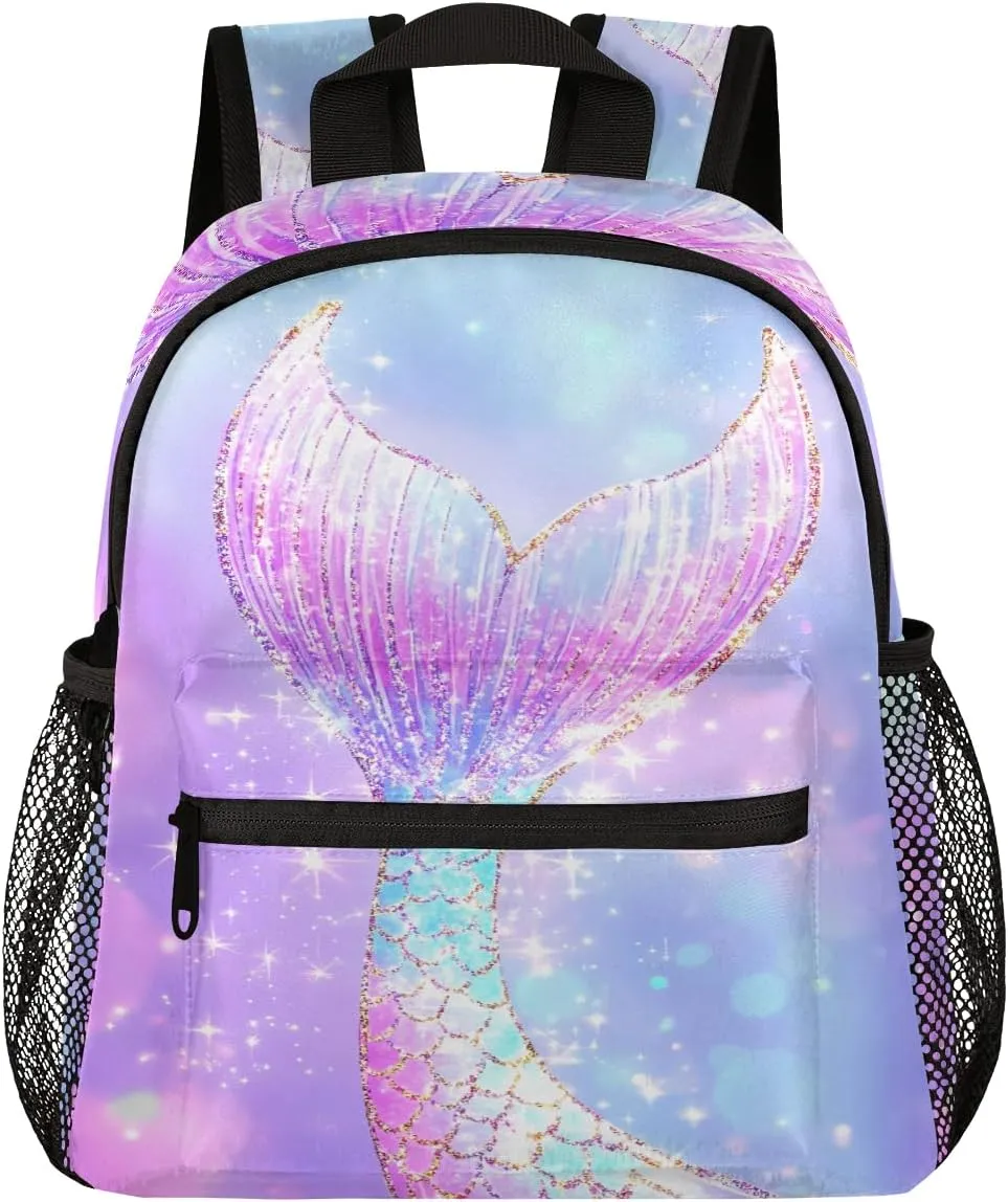 Toddler Backpack Mermaid Tail Glitter Sparkle Kindergarden Kids Bacpack for Girls Preschool Bag Elegant Ombre Purple Lightweight Small Travel Rucksack Bag with Bottle Holder