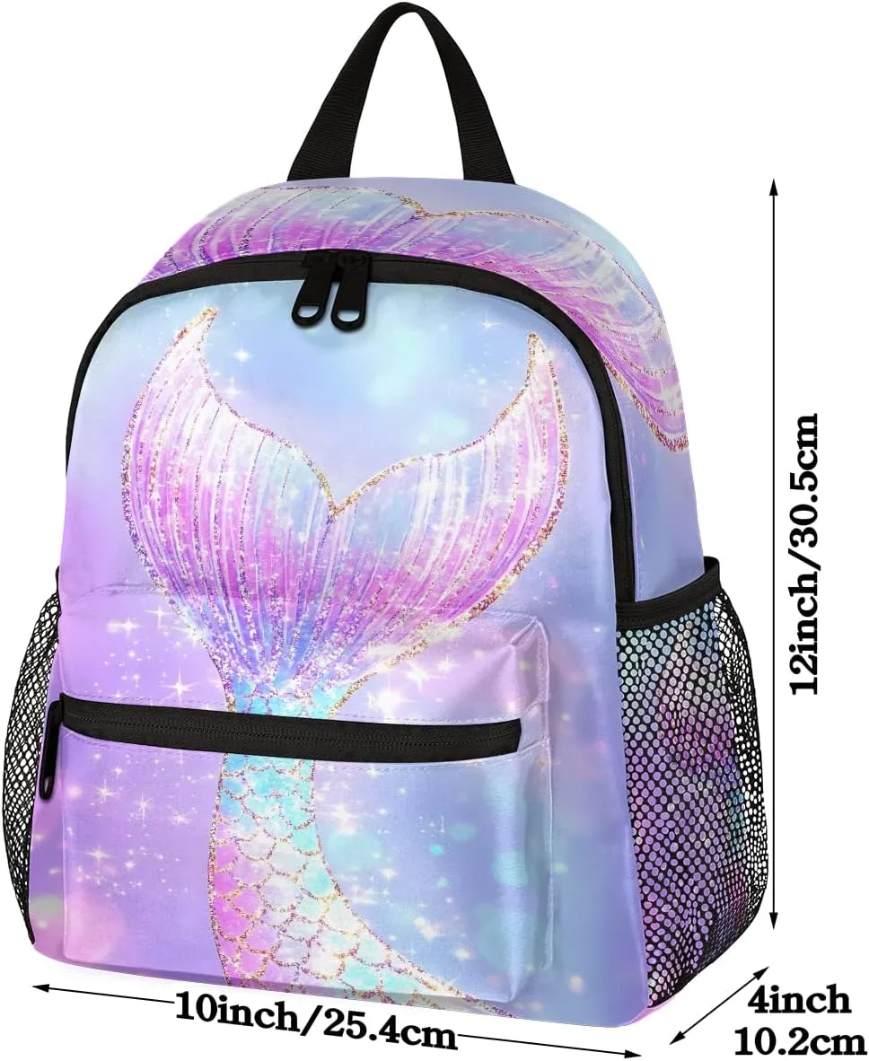 Toddler Backpack Mermaid Tail Glitter Sparkle Kindergarden Kids Bacpack for Girls Preschool Bag Elegant Ombre Purple Lightweight Small Travel Rucksack Bag with Bottle Holder