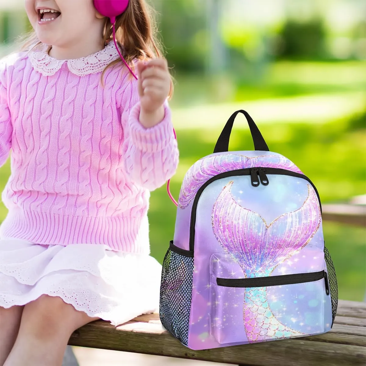 Toddler Backpack Mermaid Tail Glitter Sparkle Kindergarden Kids Bacpack for Girls Preschool Bag Elegant Ombre Purple Lightweight Small Travel Rucksack Bag with Bottle Holder