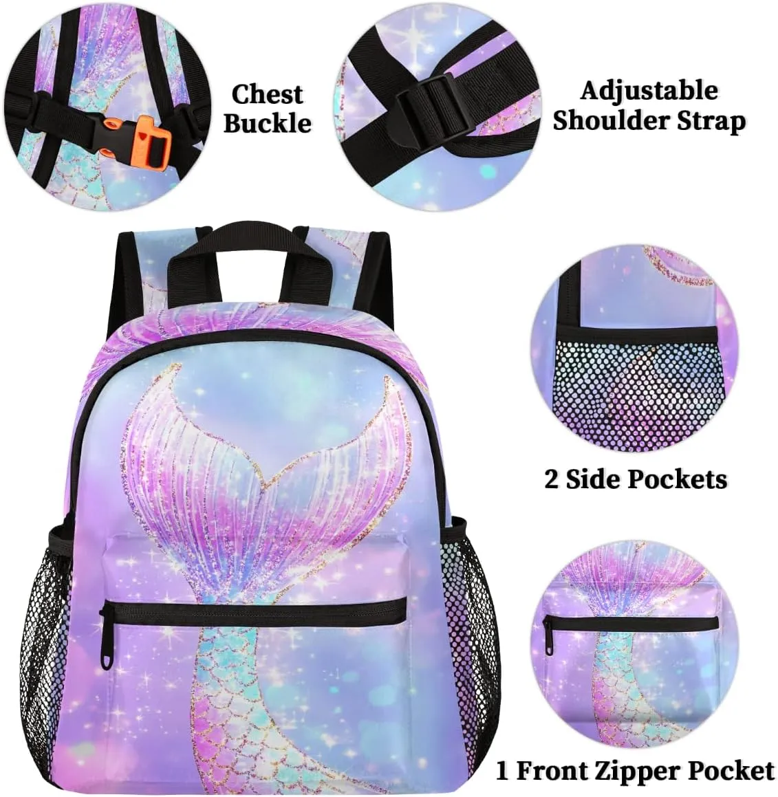Toddler Backpack Mermaid Tail Glitter Sparkle Kindergarden Kids Bacpack for Girls Preschool Bag Elegant Ombre Purple Lightweight Small Travel Rucksack Bag with Bottle Holder