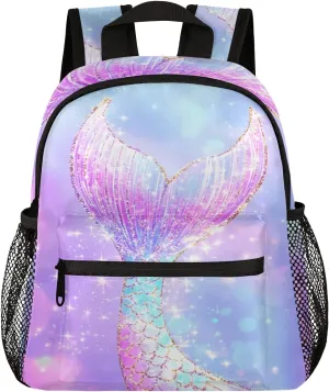 Toddler Backpack Mermaid Tail Glitter Sparkle Kindergarden Kids Bacpack for Girls Preschool Bag Elegant Ombre Purple Lightweight Small Travel Rucksack Bag with Bottle Holder