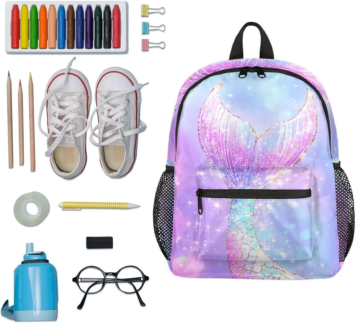 Toddler Backpack Mermaid Tail Glitter Sparkle Kindergarden Kids Bacpack for Girls Preschool Bag Elegant Ombre Purple Lightweight Small Travel Rucksack Bag with Bottle Holder