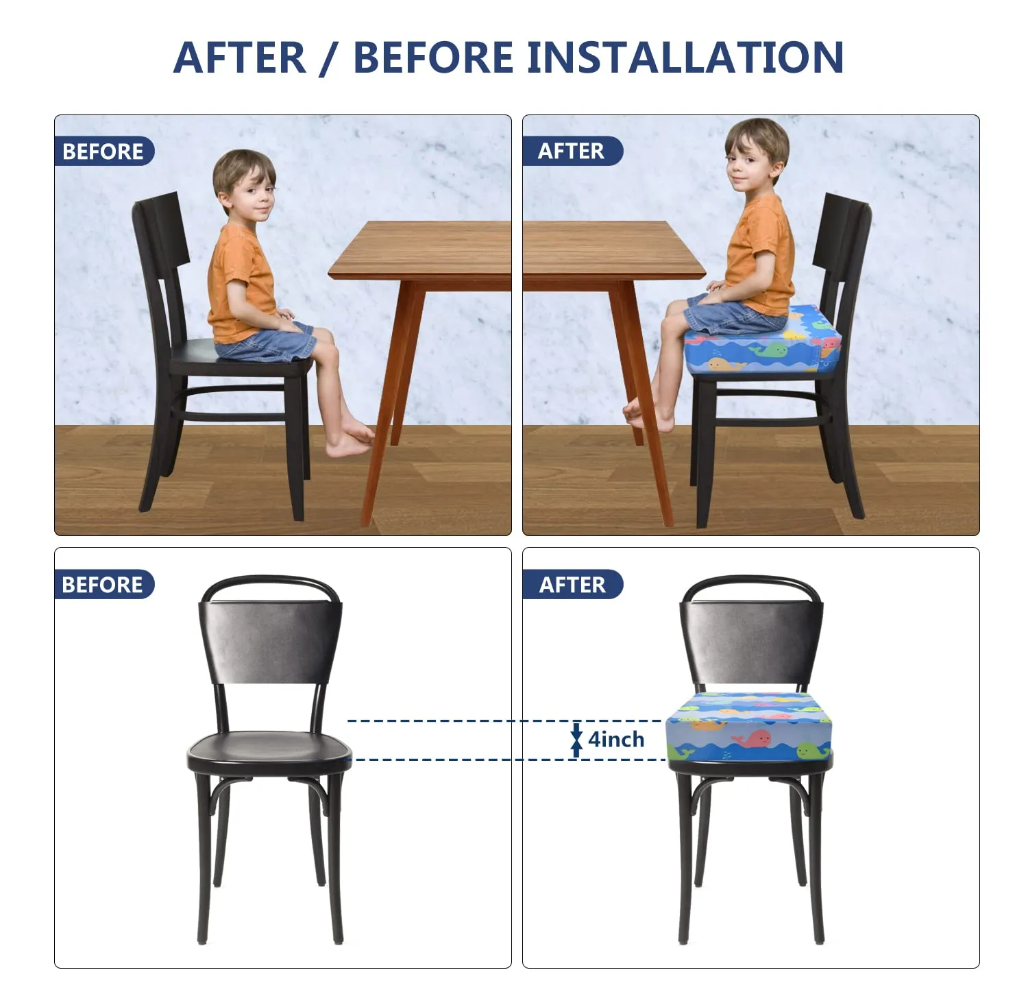 Toddler Booster Seat for Dining Table, 4inch Toddler Cushion, Portable Booster Seats Baby, Adjustable Kids Chair Heightening Booster, Washable Chair Seat Pad Mat for Kids. (Blue)