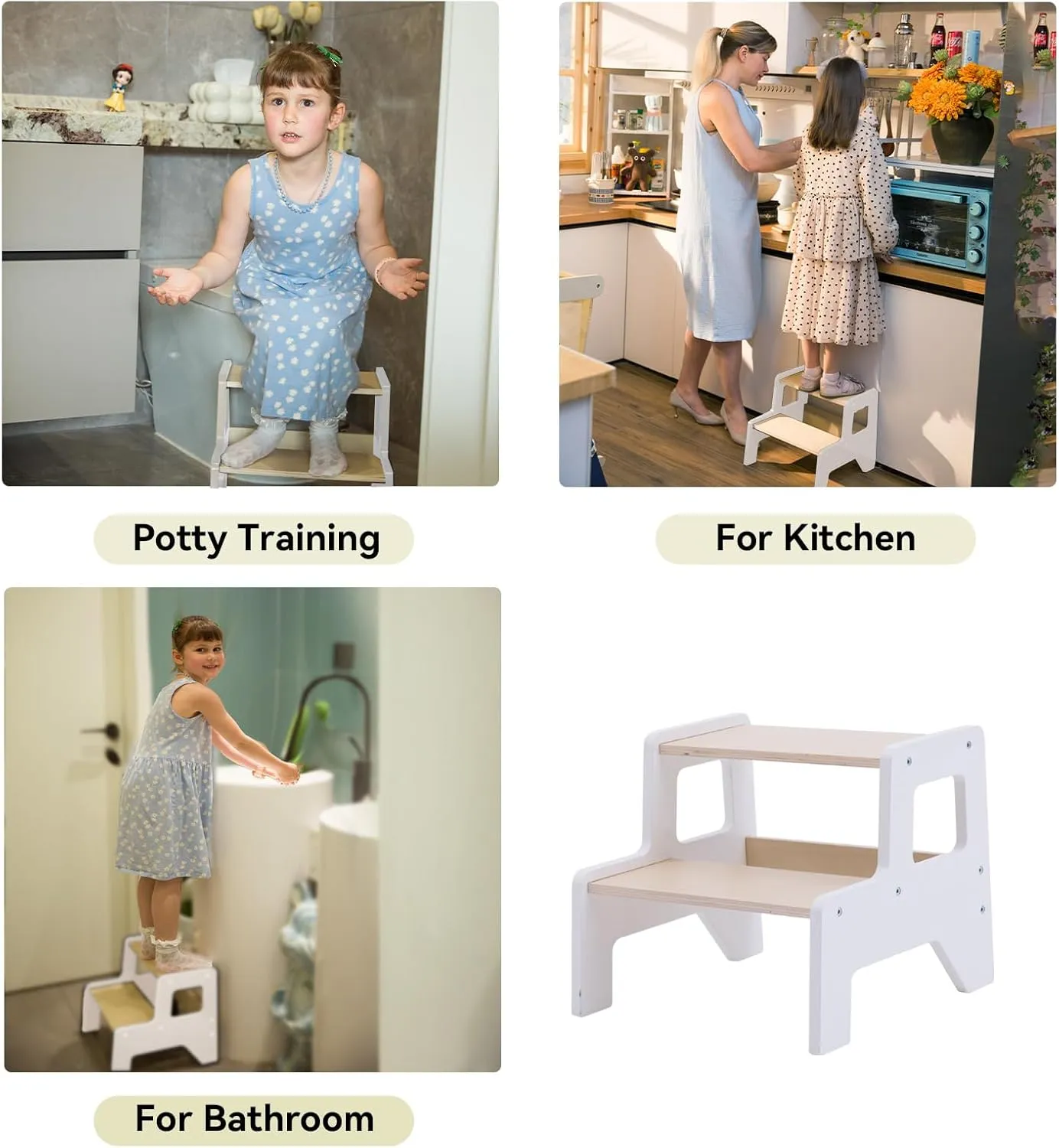 Toddler Step Stool, 2 Step Wooden Toddler Kitchen Stool Helper for Bathroom Sink, Toilet & Potty Training, 330lbs Capacity Stools for Kids with Safe Non-Slip Pads and Handles-Snowy White
