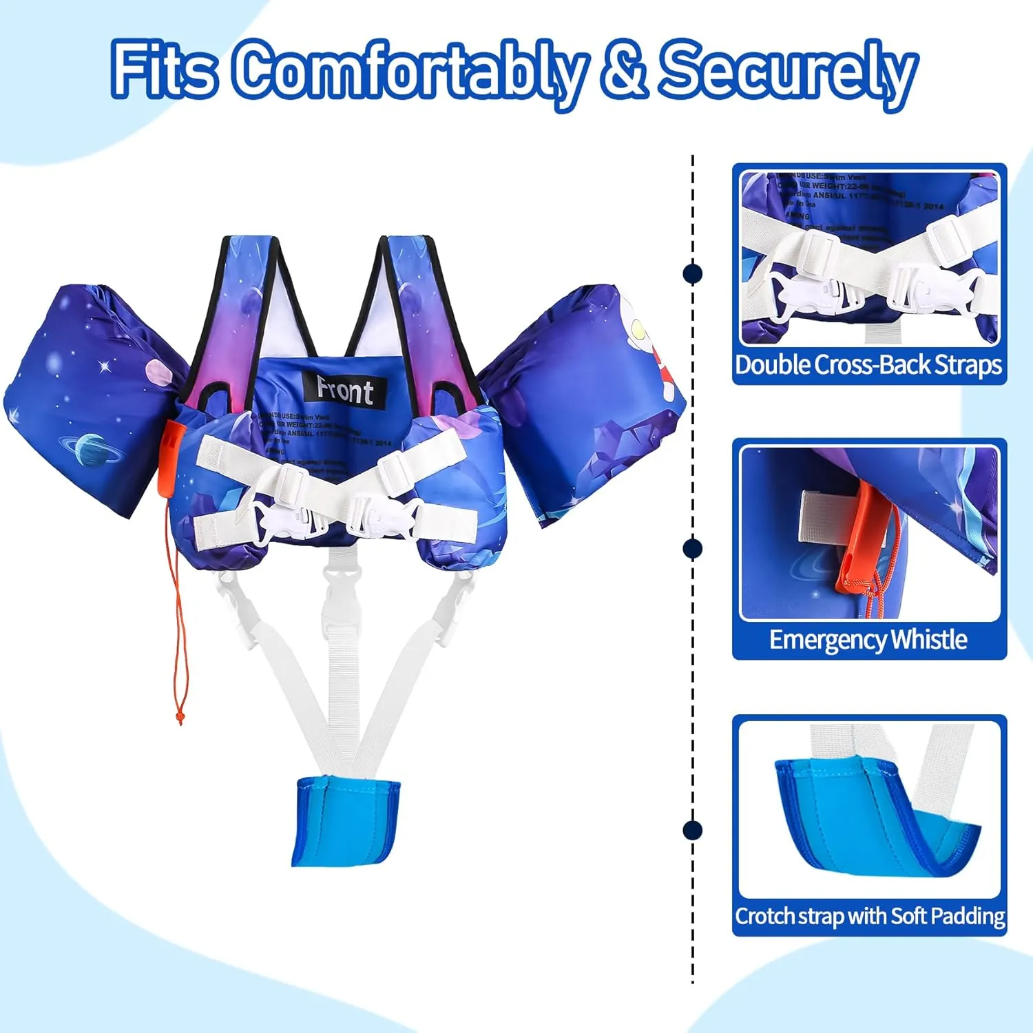 Toddler Swim Vest with Arm Floaties Adjustable Crotch Straps 22-66lbs Kids Pool Float Sea Beach Swimming Training Aids for 2-6Y Boys and Girls