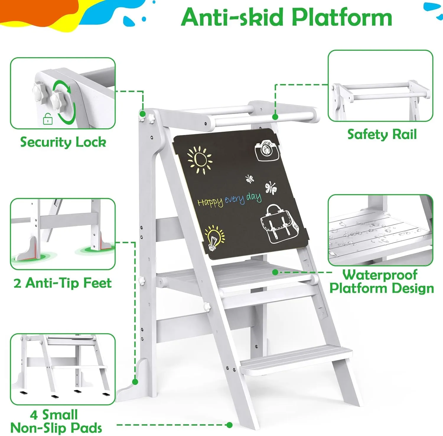 Toddler Tower Foldable with 3 Adjustable Heights & Double-Sided Drawing Board, Montessori Kitchen Step Stool Helper, Learning Stool with Safety Rail, Standing Tower for Counter Bathroom Sink (White)