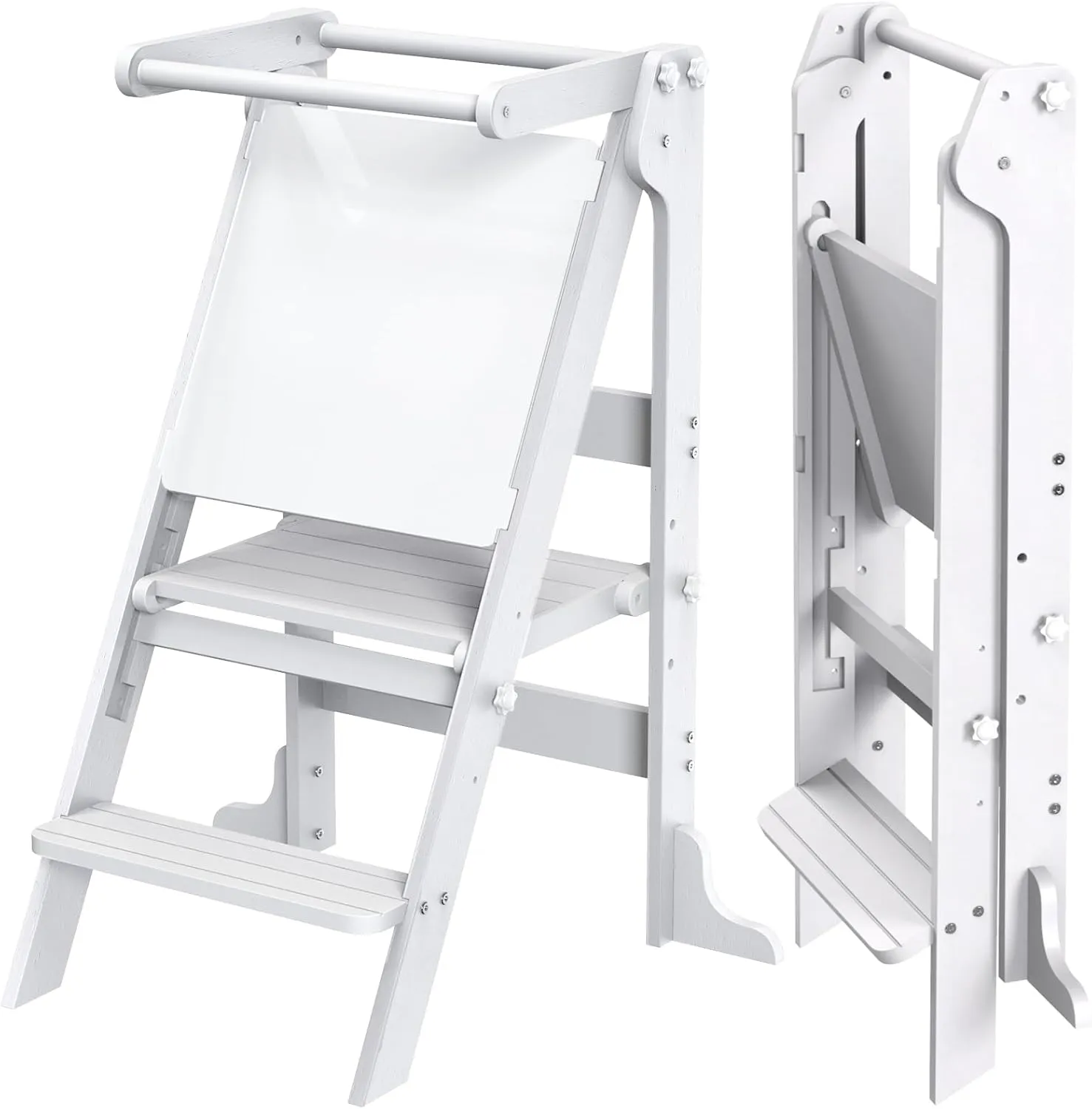 Toddler Tower Foldable with 3 Adjustable Heights & Double-Sided Drawing Board, Montessori Kitchen Step Stool Helper, Learning Stool with Safety Rail, Standing Tower for Counter Bathroom Sink (White)