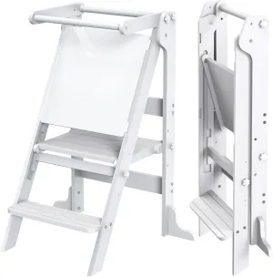 Toddler Tower Foldable with 3 Adjustable Heights & Double-Sided Drawing Board, Montessori Kitchen Step Stool Helper, Learning Stool with Safety Rail, Standing Tower for Counter Bathroom Sink (White)