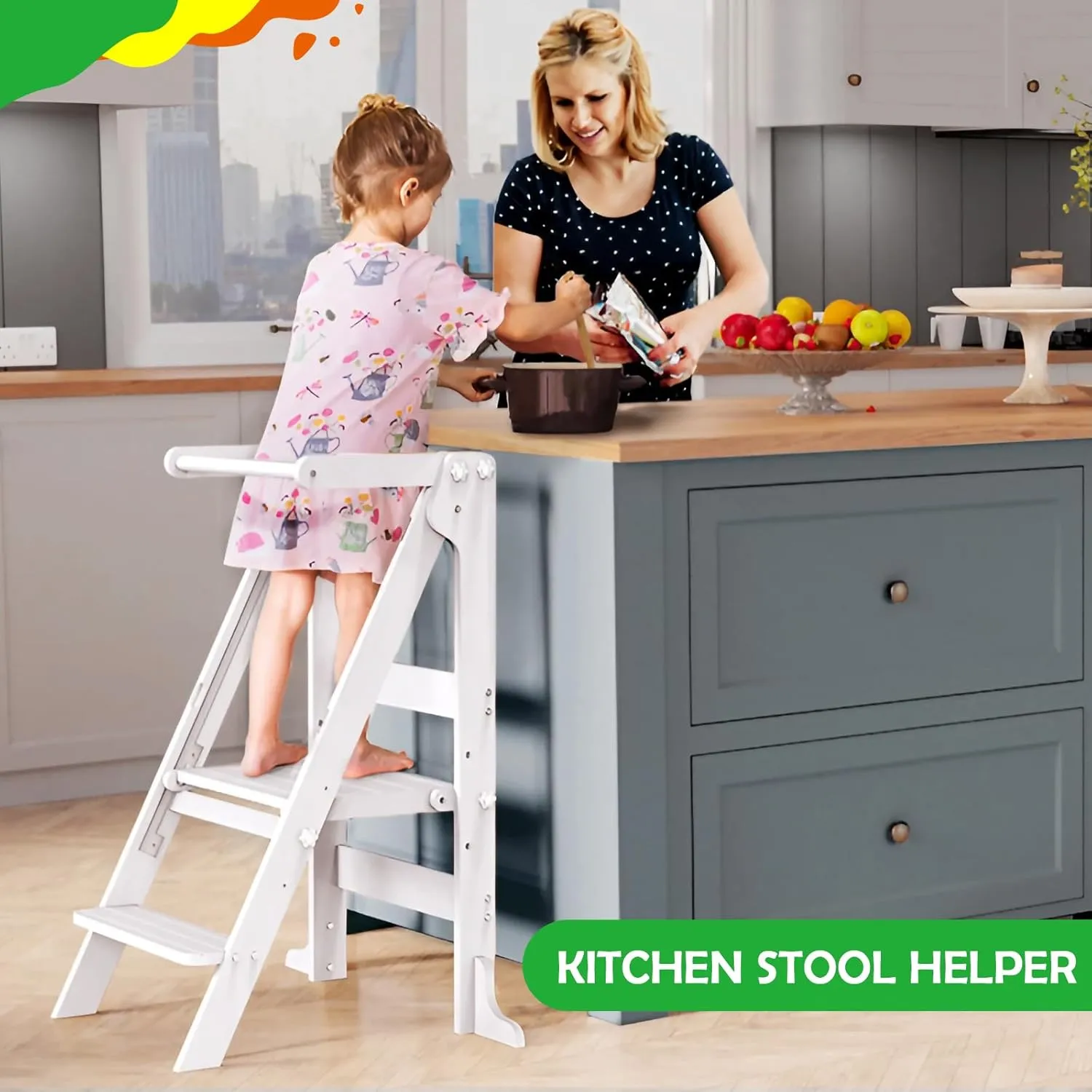 Toddler Tower Foldable with 3 Adjustable Heights & Double-Sided Drawing Board, Montessori Kitchen Step Stool Helper, Learning Stool with Safety Rail, Standing Tower for Counter Bathroom Sink (White)
