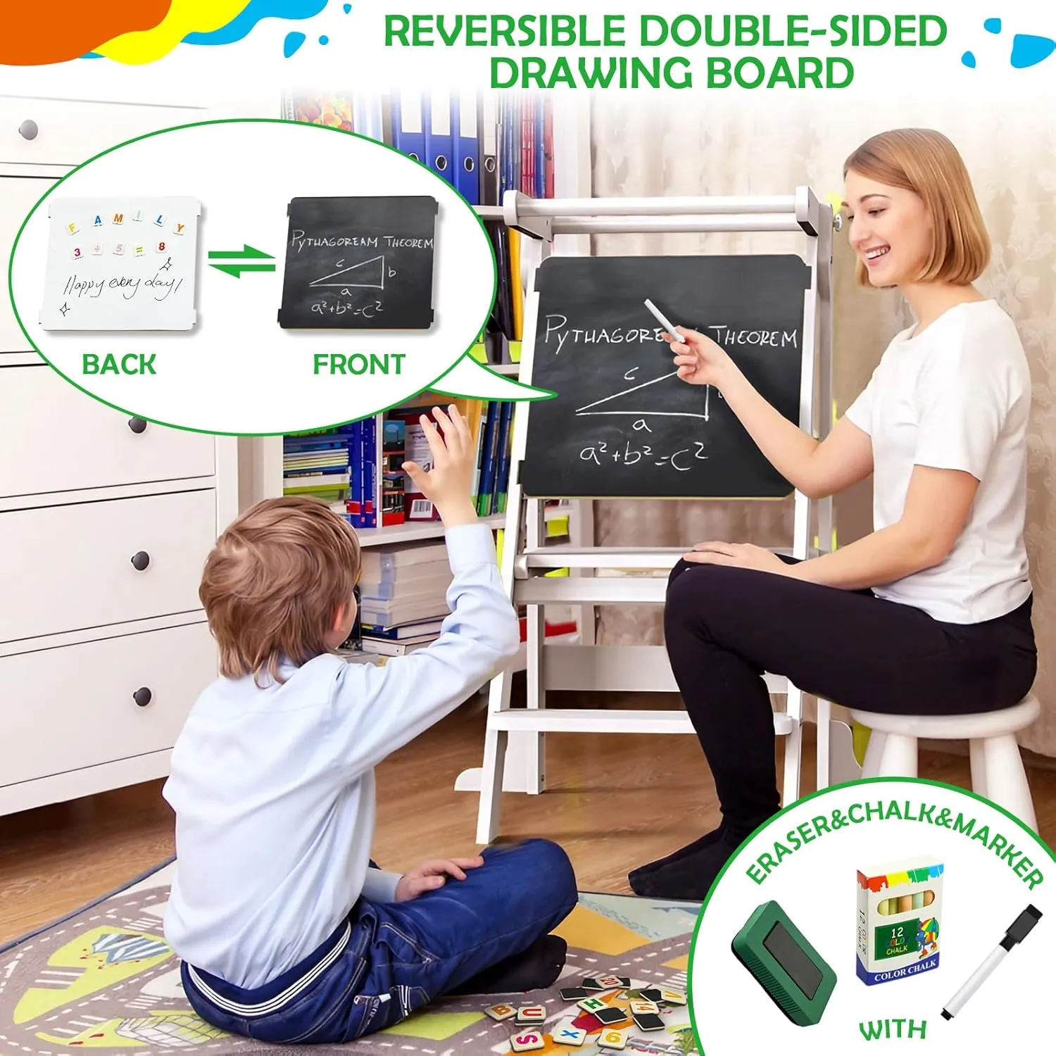 Toddler Tower Foldable with 3 Adjustable Heights & Double-Sided Drawing Board, Montessori Kitchen Step Stool Helper, Learning Stool with Safety Rail, Standing Tower for Counter Bathroom Sink (White)