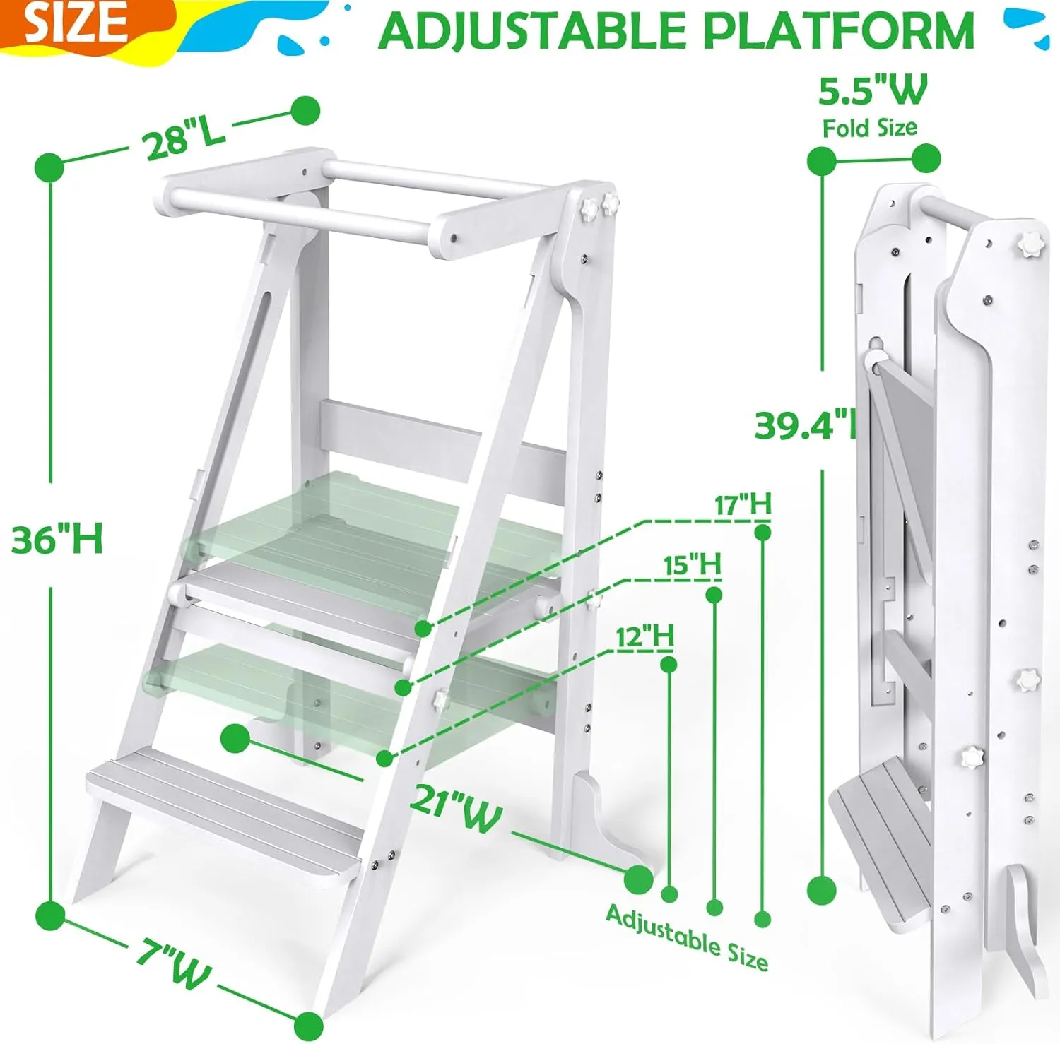 Toddler Tower Foldable with 3 Adjustable Heights & Double-Sided Drawing Board, Montessori Kitchen Step Stool Helper, Learning Stool with Safety Rail, Standing Tower for Counter Bathroom Sink (White)