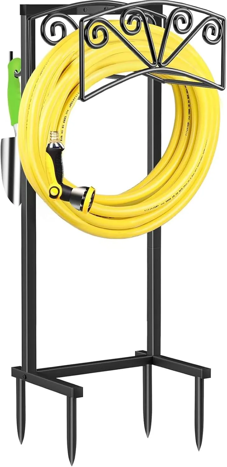 TomCare Garden Hose Holder Upgraded Heavy Duty Metal Water Hose Holder Holds 160 FT Hoses Sturdy Hose Reel with 2 Tool Hooks Freestanding Outdoor Hoses Storage Hanger for Outside Yard Lawn, Black
